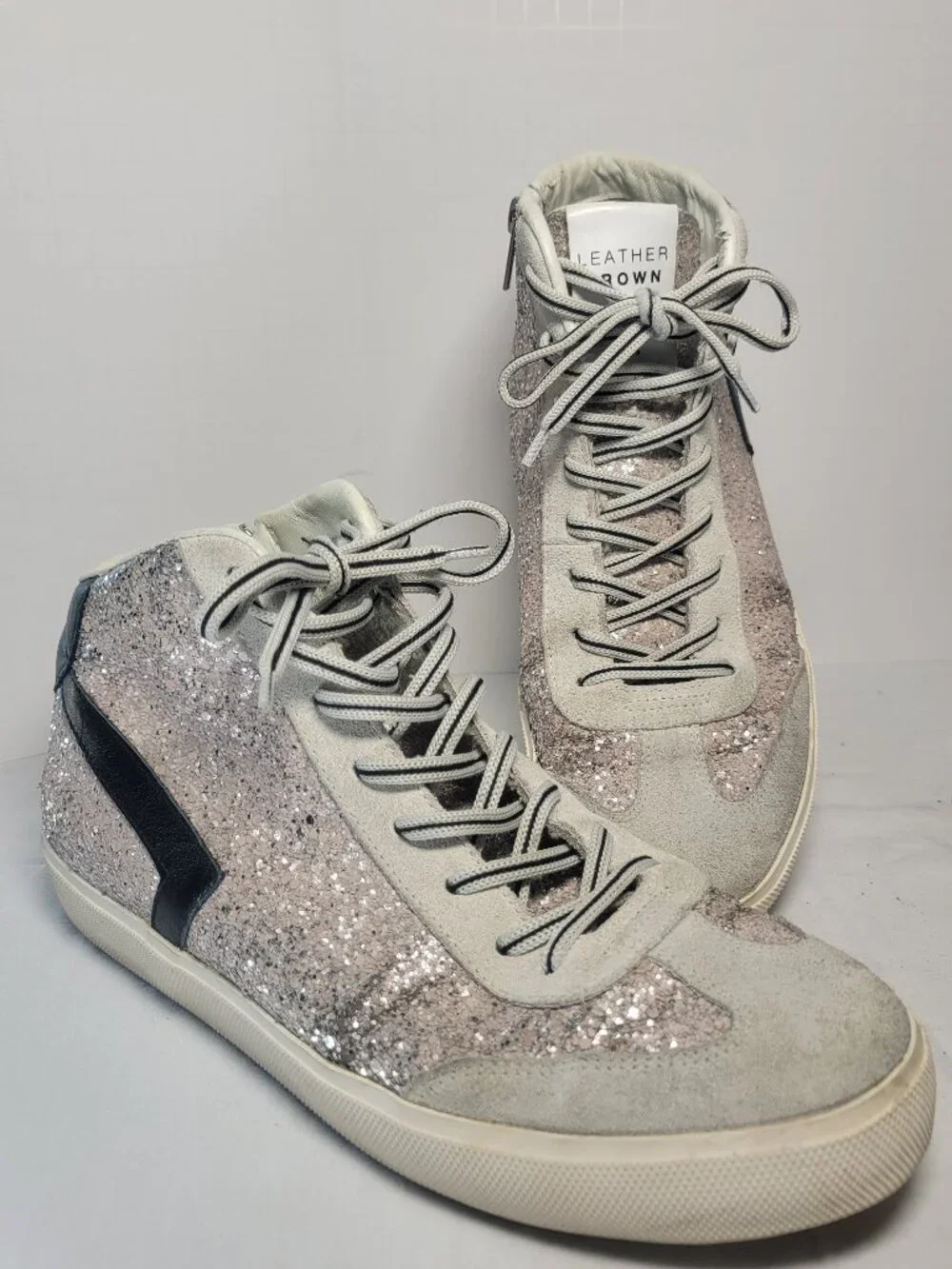 Leather Crown Glitter Suede High Top Sneakers Handmade in Italy EU 39 (~ US 8)